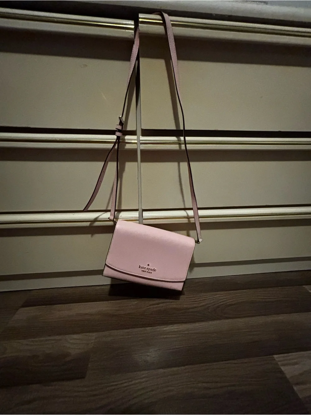 kate spade blush pink leather crossbody bag with gold logo